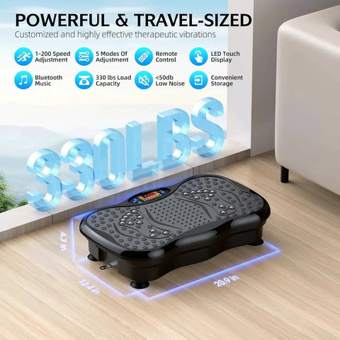 Vibration Plate Exercise Machine With Bluetooth and Remote Control in pure black, shown in room, features listed on image.