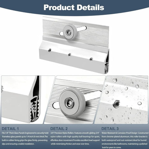 4 Pack M6053 Frameless Shower Door Roller Assemblies with three quarter inch plastic wheels, chrome aluminum bracket close-up