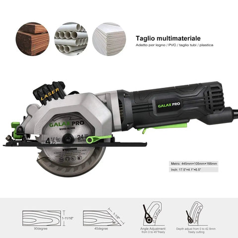 Powerful 4 Amp 3500 RPM Circular Saw With Laser Guide for Clean, Precise Cuts, shown in side view with blade and settings visible