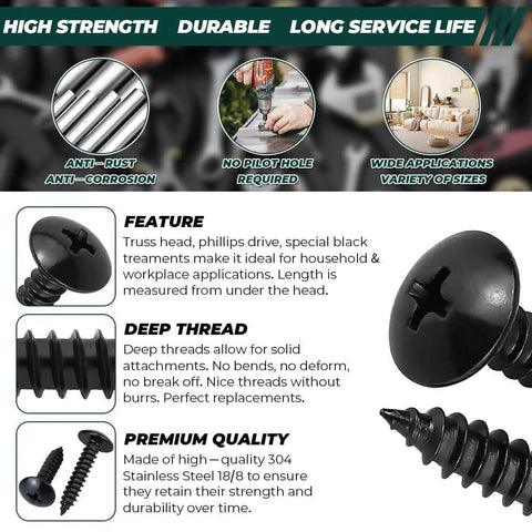 Pro Grade No 6 By One Half Inch Truss Head Wood Screws, 100 Count, 304 Stainless Steel, Black Oxide Coated, Self Tapping Phillips Drive Screws for Wood And Sheet Metal, Includes Phillips Driver Bit