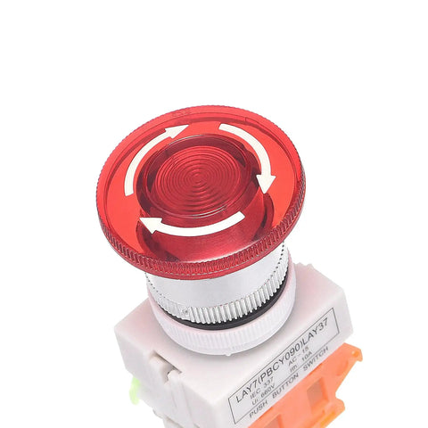 Workhorse 22mm Latching Emergency Stop Push Button Switch With Indicator Light for Industrial Lathe, red button top view