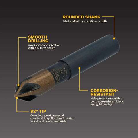 DEWALT industrial countersink drill bit with 82° tip, high-speed steel, black oxide finish for wood, metal, plastic.