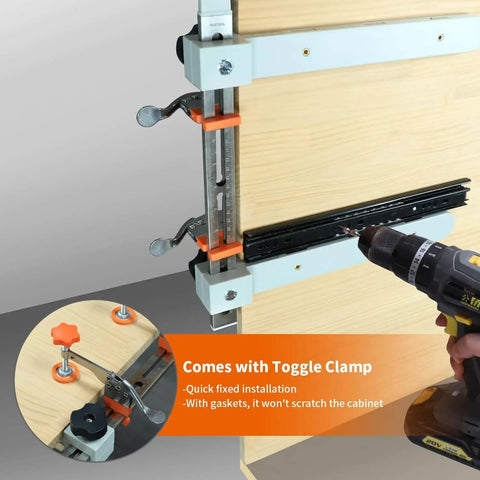 Drawer Slide Jig With Toggle Clamp And Magnetic Arm For Precise Cabinet Installations showing toggle clamps on wooden panel
