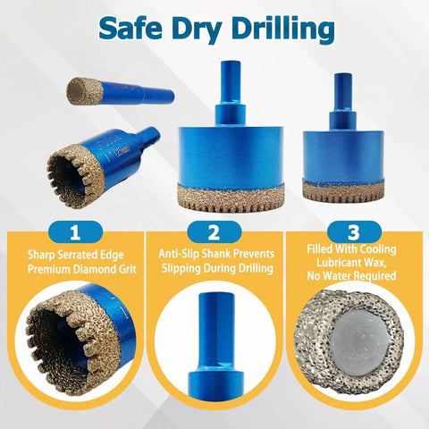 10 Piece Diamond Hole Saw Kit For Ceramic Tile And Stone Projects, serrated brazed tile hole saws for dry or wet drilling, core drill bit set.