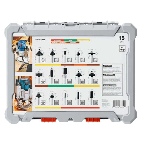 15 Piece Micrograin Carbide Tipped Wood Router Bit Set Universally Compatible For DIYers Finishing And Shaping Soft And Hard Woods And Wood Composites Bosch RBS015MBS, packaging showing various router bits and specifications.