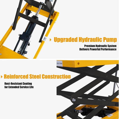 Hydraulic lift table cart with yellow frame and black double scissor lift mechanism, four wheels.