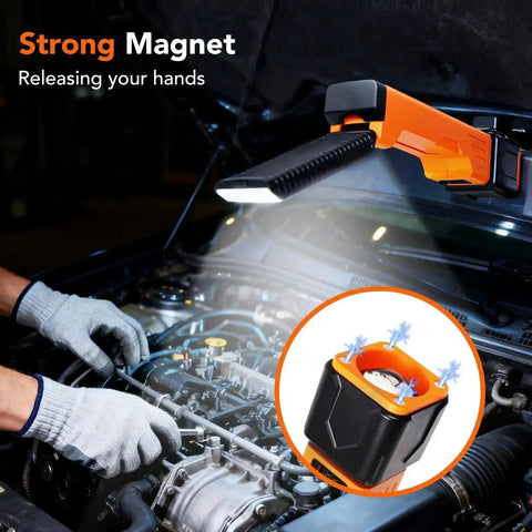 Mechanic using All In One Rechargeable Work Light With Dual COB Flood And LED Spotlight connected to car hood for engine repair