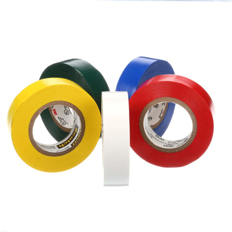 Vinyl Electrical Tape 35 5-Roll Multi-Color Pack for Cable Jacket Repair and Electrical Insulation, displayed in red, white, yellow, blue, and green rolls.