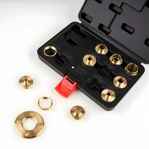 11Pcs Brass Router Bushing Guide Set With Lock Nut Adapter, displayed in a black case, ideal for precise woodworking projects.