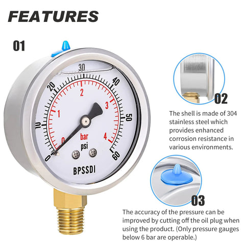 BPSSDI glycerin-filled low-pressure gauge, front view, 2.5-inch dial, 1/4 in NPT lower mount, 304 stainless steel case