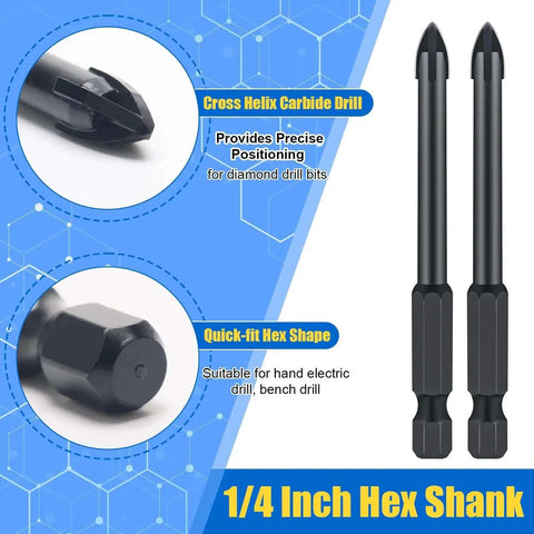 Close-up of Pro Grade Nine Piece Dry Diamond Drill Bit Set with 1/4 inch hex shank showing cross helix carbide drill and quick-fit hex shape.