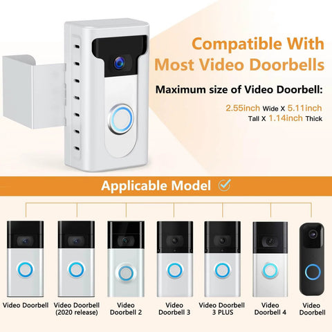 Illustration of compatible No Drill Video Doorbell Mount For Ring And Blink White Wedge Bracket Adapter shown with models.
