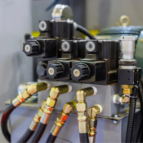 PATIKIL 1/8 ID brass compression ferrules; brass fittings on a black hydraulic valve manifold with hoses