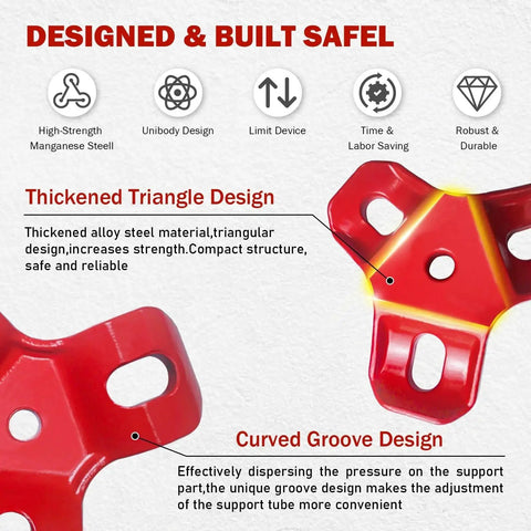 Red steel part of 4400 Lbs Tripod Head And Base Set With 360 Rotation Ring For Hand Chain Hoists, showing triangle and groove design.