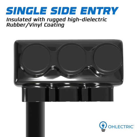 OHLECTRIC 3-port insulated wire connector, single side entry, black plastic housing with three round ports, oxide inhibitor