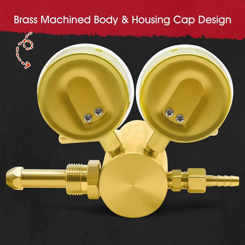 High Pressure Nitrogen Regulator With 2.5 Inch Gauges CGA 580, close-up of brass machined body and housing cap design