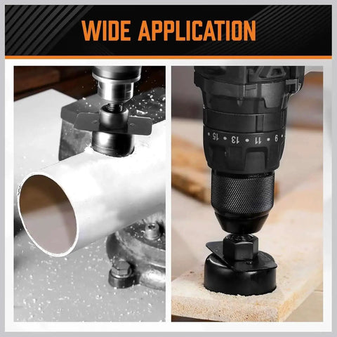 Complete 24 Piece Hole Saw Kit With 17 Blades 2 Mandrels 3 Drill Bits And Installation Plate For Drywall Wood Plastic And PVC Fast Clean Holes in use