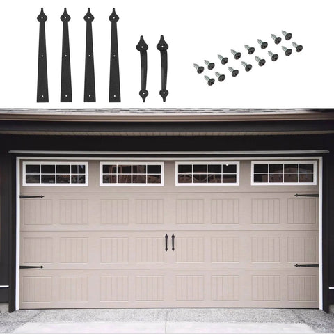 Decorative Garage Door Hinges And Handles Hardware Kit In Black Spear Style, Installed on Beige Garage Door, Includes Screws