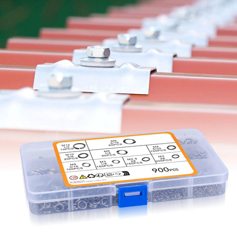 900 pcs stainless steel split lock washers in a clear plastic organizer box; sizes range from 1/8 to 1/2 inch.