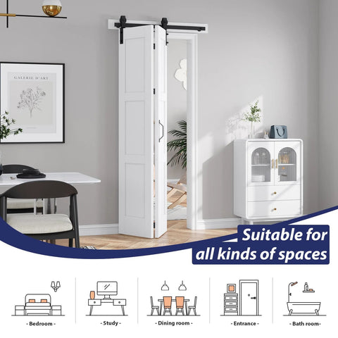 36x84 White Bifold Barn Door With Hardware, Waterproof PVC Surface, Durable MDF Core installed in a room with decor