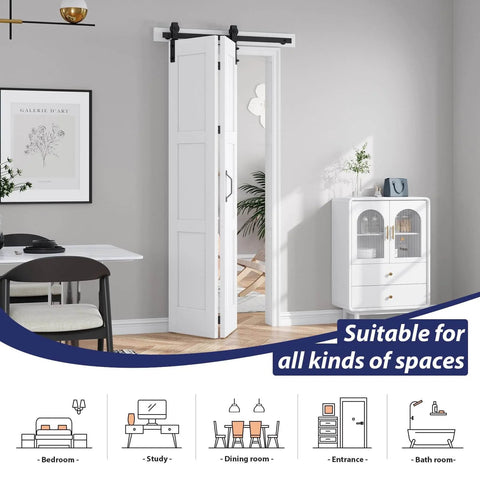 Double 16x84 White Bifold Barn Door Set With 36 Inch Hardware Track Kit Installed in Home Entry, Solid MDF, PVC Surface