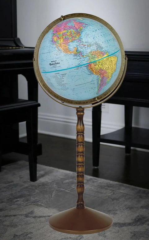 Front view of Treasury 12 Inch Globe with Raised Mountain Relief and USA Cartography on turned hardwood stand.