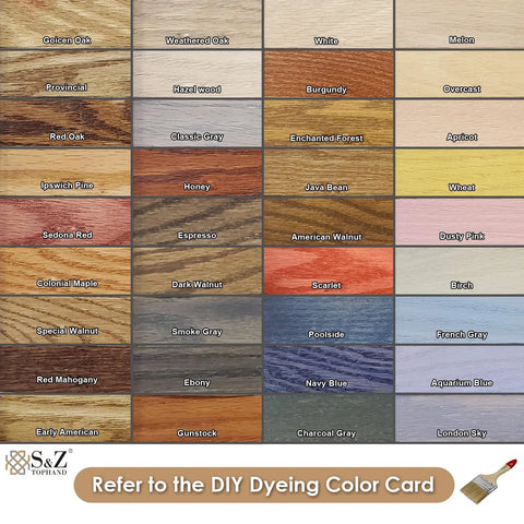 Color chart showing various wood stain options like Golden Oak, Espresso, and Aqua Blue for DIY projects.