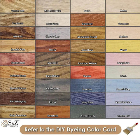 Color swatch chart for various wood stain options including shades like Golden Oak, Espresso, French Gray, and Enchanted Forest.