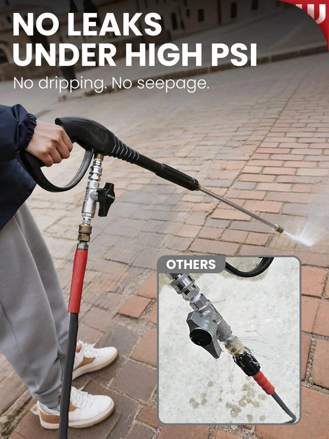 WOJET ball valve pressure washer with stainless steel DN10 shutoff and 3/8-inch quick-connect on a spray wand.