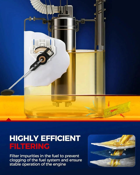 FG1044 Electric Fuel Pump Module Assembly illustration showing cross-section and filter operation.