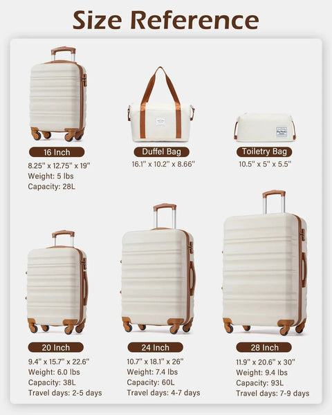Size reference for Rugged Hardside Luggage Set For Easy Travel Beige Brown 6 Piece with spinner wheels and TSA locks