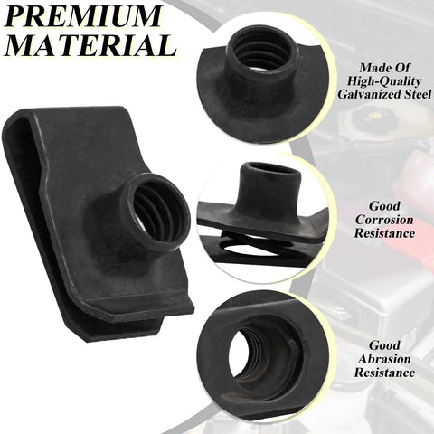 20 Pcs Black U Type Nuts Clip On Fasteners for Auto Fender Bumper Grille Retainer Clips Five Sixteenths Inch by Eighteen Unified National Thread Extruded U Style Nuts made of galvanized steel showing durability features.