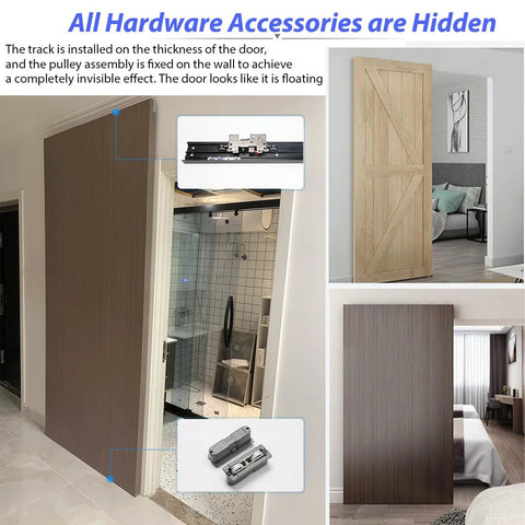 Concealed Sliding Barn Door Hardware And Track With Floating Wall Mount And Double Soft Close For Ultra Quiet Smooth Operation Ideal For Wood Doors 1.57 To 1.96 Inch Thick Up To 47.24 Inch Track Can Be Cut To Fit in various settings