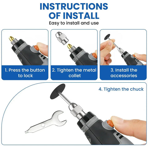 Installation guide for Dremel Compatible Pro Grade Drill Chuck Collet Set 16 Piece Replacement Kit with brass collets and keyless chuck.