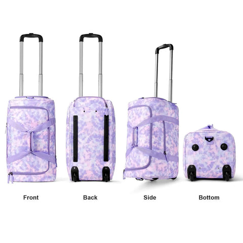 Girls Tie Dye Rolling Duffle Bag For Travel And Camping 22 Inch Purple luggage with wheels in four angles front back side bottom