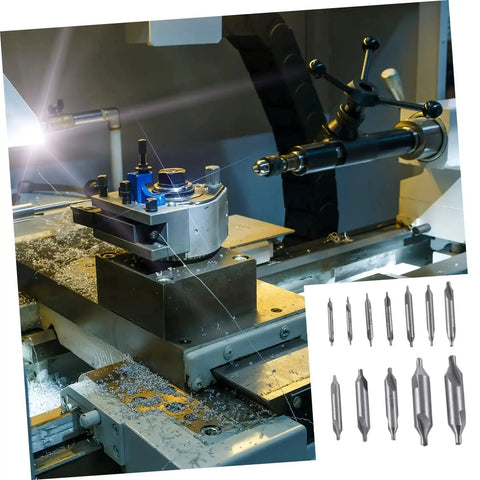 High Speed Steel Center Drill Bit Set With 60 Degree Chamfering For Woodworking And Metalworking 12 Piece Pro Grade Precision Centering Kit For Accurate Holes From KALLORY shown in front of CNC machine setup.