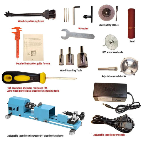 Mini Wood Lathe Machine Multi Purpose Upgraded And Lengthened Processing Diameter Two Inch Eleven Inch For Turning Cutting Sanding Polishing Wood With Pro Grade Customized Tool Accessories And Easy For Beginners In Home Workshop showing various accessories and components.