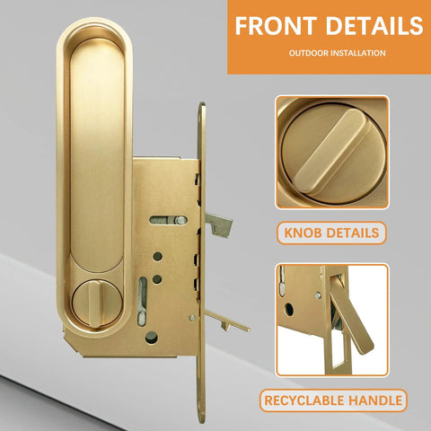 Pocket Door Lock Hardware Set With Privacy Handle, Hidden Pull And Recessed Latch, Circular Gold Finish, front view details