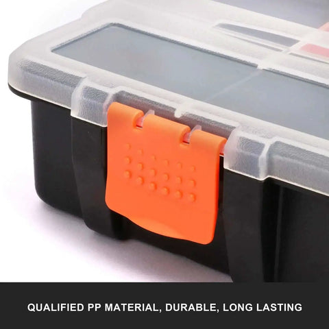 Close-up of a plastic toolbox with an orange latch, part of a Four Piece Hardware And Parts Organizer Set For Toolbox Storage