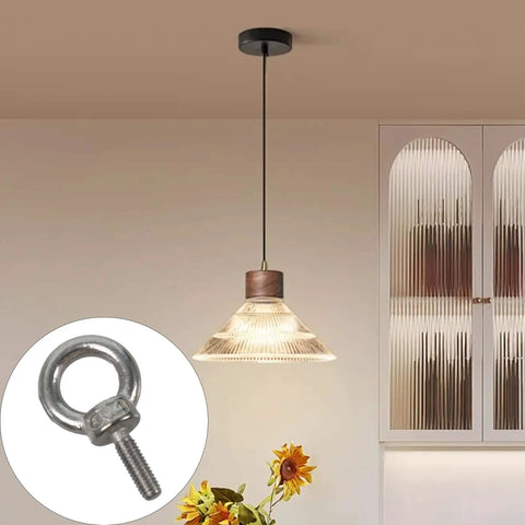 12 Pack M3 Stainless Steel Eye Bolts For Lifting, highlighted next to a hanging pendant light in a modern interior.