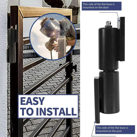 4 Pack 5 Inch Barrel Gate Hinges Heavy Duty Weld On For Fence Swing Doors And Trailer Ramp Doors 450 Lbs Capacity Black Powder Coated shown installed on gate, with close-up of welding process highlighting easy installation.