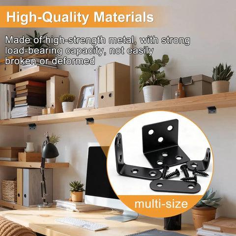 96Pcs Black Stainless Steel L Corner Brackets And Flat Mending Plates Set displayed in home office setting