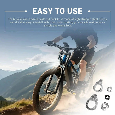 Cyclist on mountain trail with Anti Drop Bike Axle Nuts and Safety Washers Kit for Front and Rear Wheels displayed