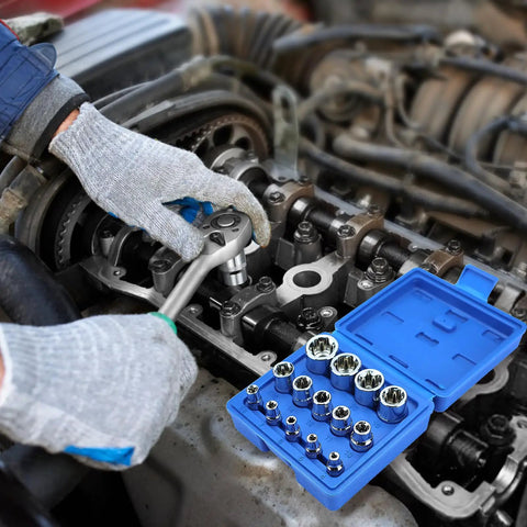 Mechanic using the 14-Piece Female E-Torx Socket Set With E4 Through E24 External Star Sockets For One Quarter Inch, Three Eighth Inch, And One Half Inch Drives, Pro Grade Cr-V Steel, Compatible With Regular And E-Torx Plus, Auto Repair Kit With Storage Case on an engine.