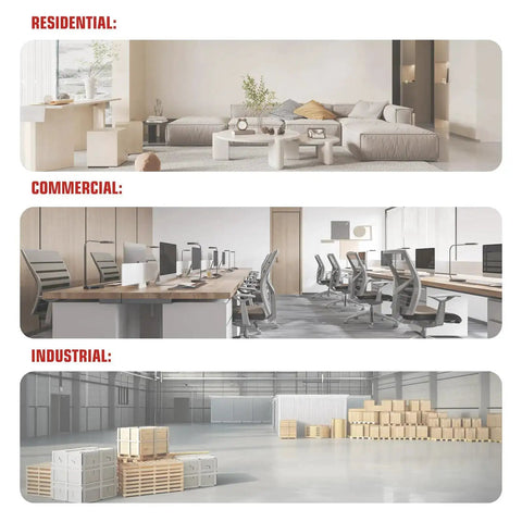 Collage of residential, commercial, and industrial spaces with living room, office, and warehouse settings.