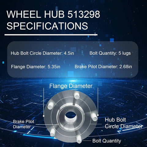 Front Wheel Bearing And Hub Assembly Direct Fit For Nissan Rogue 2008 2013 Rogue Select 2014 2015 And Sentra 2008 2012 2.5L 4 Cylinder 5 Lug Replacement Hub OEM Grade with dimensions and specifications shown