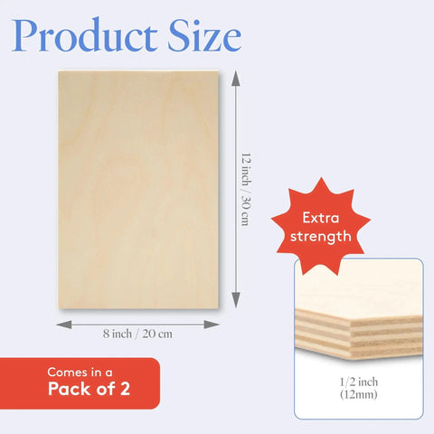 Baltic Birch Plywood 8 X 12 X One Half Inch Pack Of Two B And BB Grade Craft Wood dimensions and thickness shown.