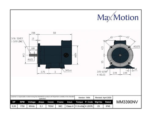 Technical diagram of Beefy Permanent Magnet DC Motor One Third HP 1800 RPM 90 VDC NEMA 56C Frame TENV Enclosure with dimensions.