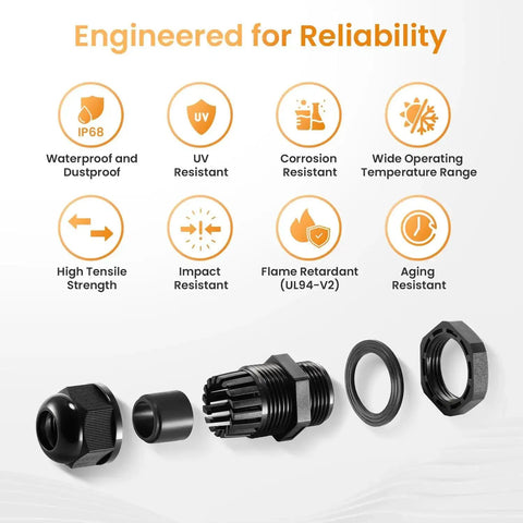 50 Pack One Half Inch NPT Cable Gland Waterproof IP68 Nylon Pass Through Cord Grip features and components
