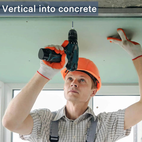 Worker installing 50 Pack Vertical Threaded Rod Anchors Set, One Quarter Inch Screws, Three Eighth Inch Rod Joint in ceiling